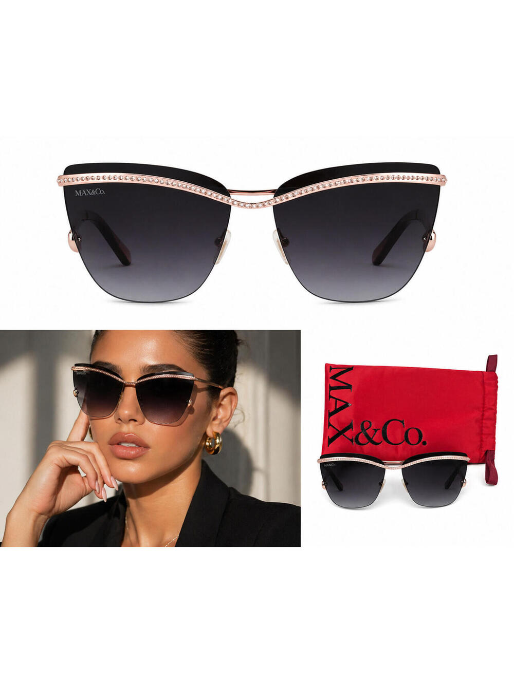 NWT MAX & Co Oversized Shield Sunglasses Rhinestone Rim Gradient Lens w/ Red Cas